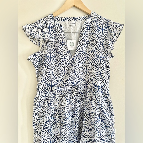 NWT-Charleston Shoe Company Aubrey Maxi Dress Blue and White Ruffle Sleeves Sz M - Picture 3 of 14